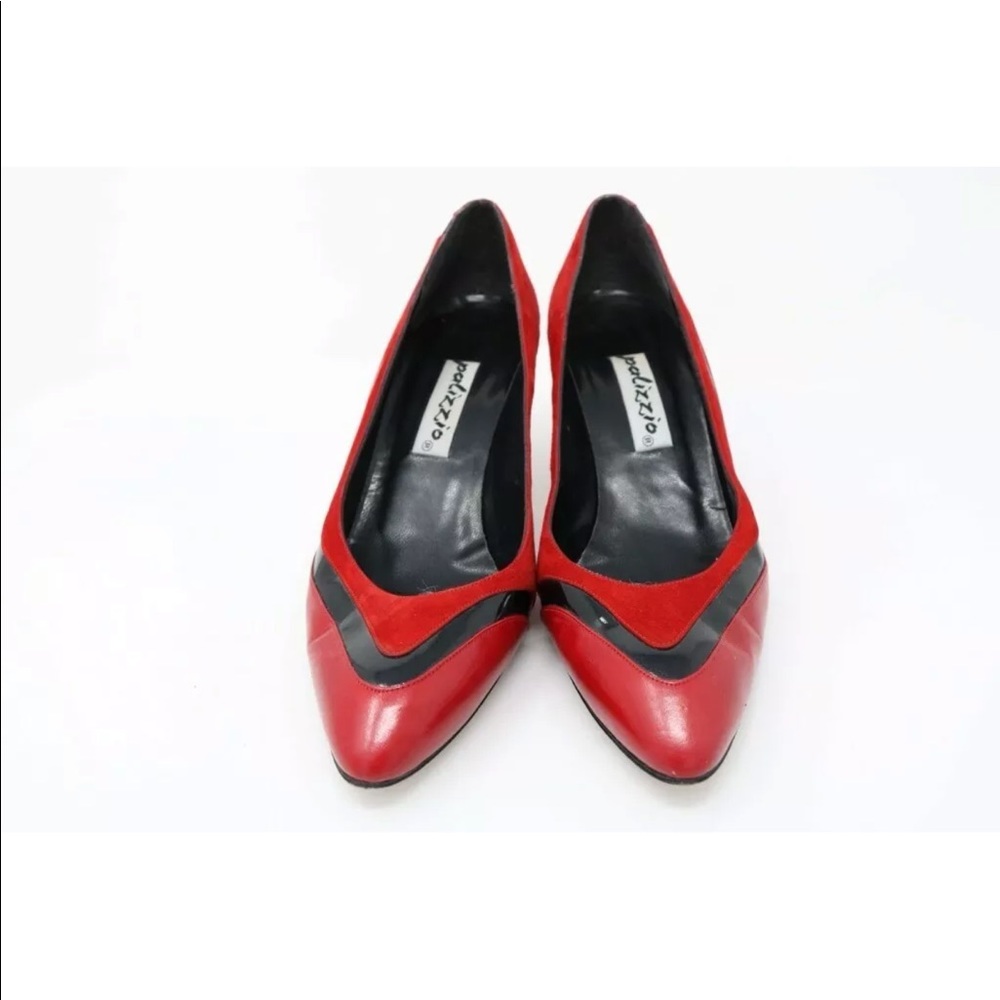 VTG Palizzio Italian Red Black Leather Suede Pointed Toe Low Kitten Heel Pump 9N - Picture 7 of 16